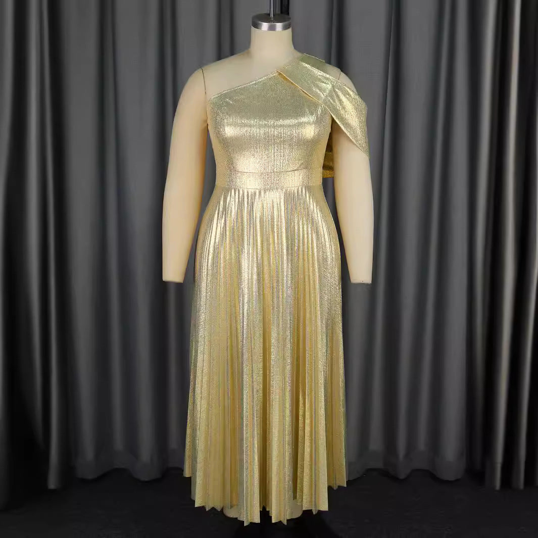 Damen Elegantes Plisseekleid mit asymmetrischem Träger Drune