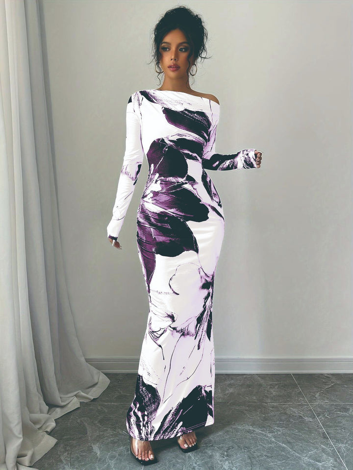 Damen elegantes Langarmkleid mit floralem Motiv Drune