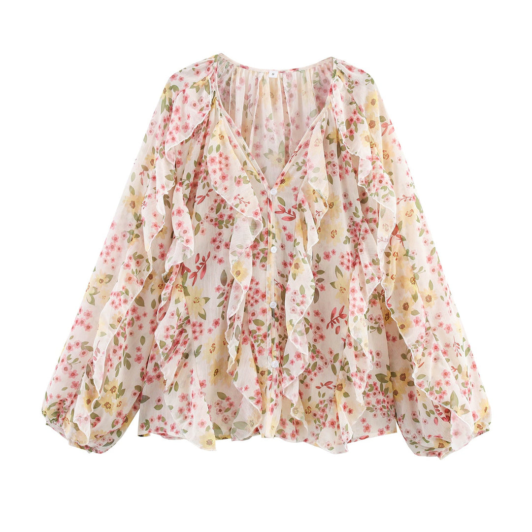 Damen nan feminine Chiffon-Volantbluse mit Ballonärmeln und V-Ausschnitt Drune