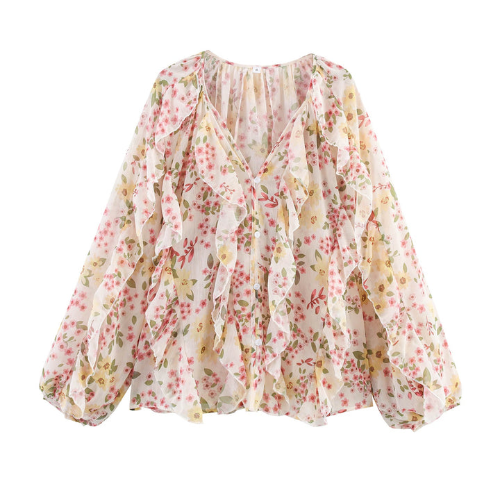 Damen nan feminine Chiffon-Volantbluse mit Ballonärmeln und V-Ausschnitt Drune