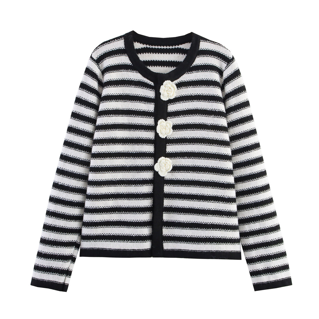 Damen gestreifte Strickjacke mit floralen Knopfdetails Drune