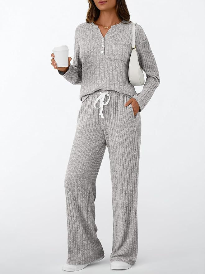 Damen Rippstrick-Lounge-Set mit Knopfleiste und weitem Kordelbund-Hose Drune