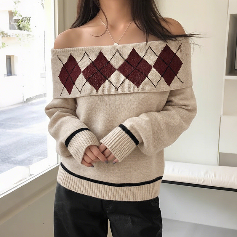 Damen Schulterfreier Strickpullover mit Rautenmuster und umgeschlagenem Kragen Drune