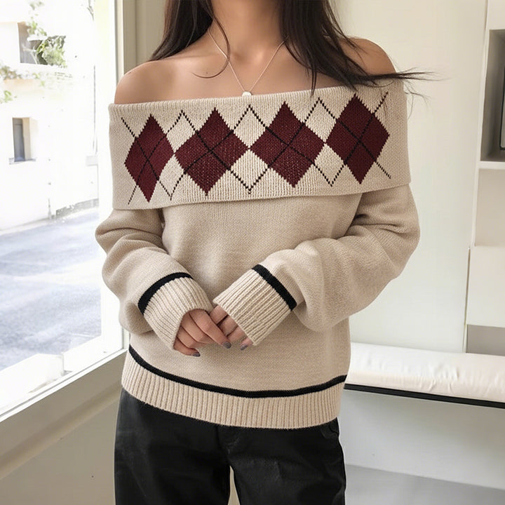 Damen Schulterfreier Strickpullover mit Rautenmuster und umgeschlagenem Kragen Drune