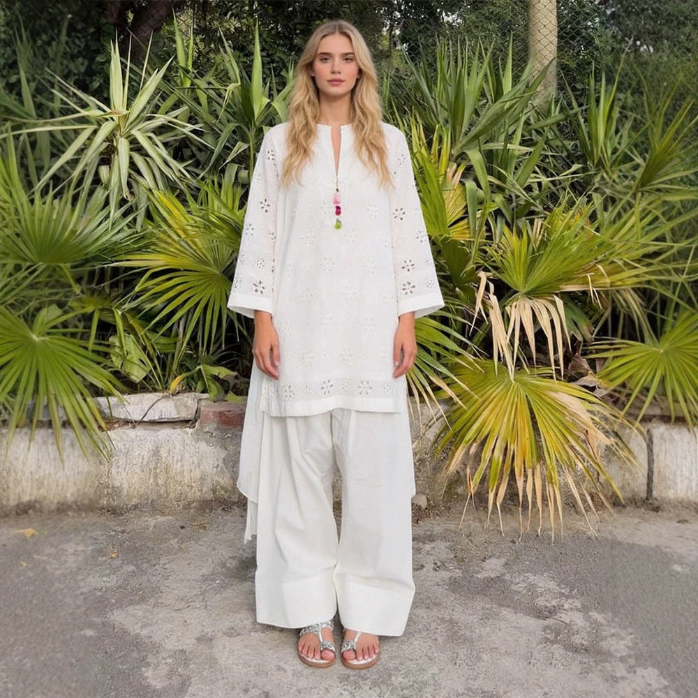 Damen Lockertes Tunika-Set mit Broderie Anglaise und weiten Pluderhosen Drune