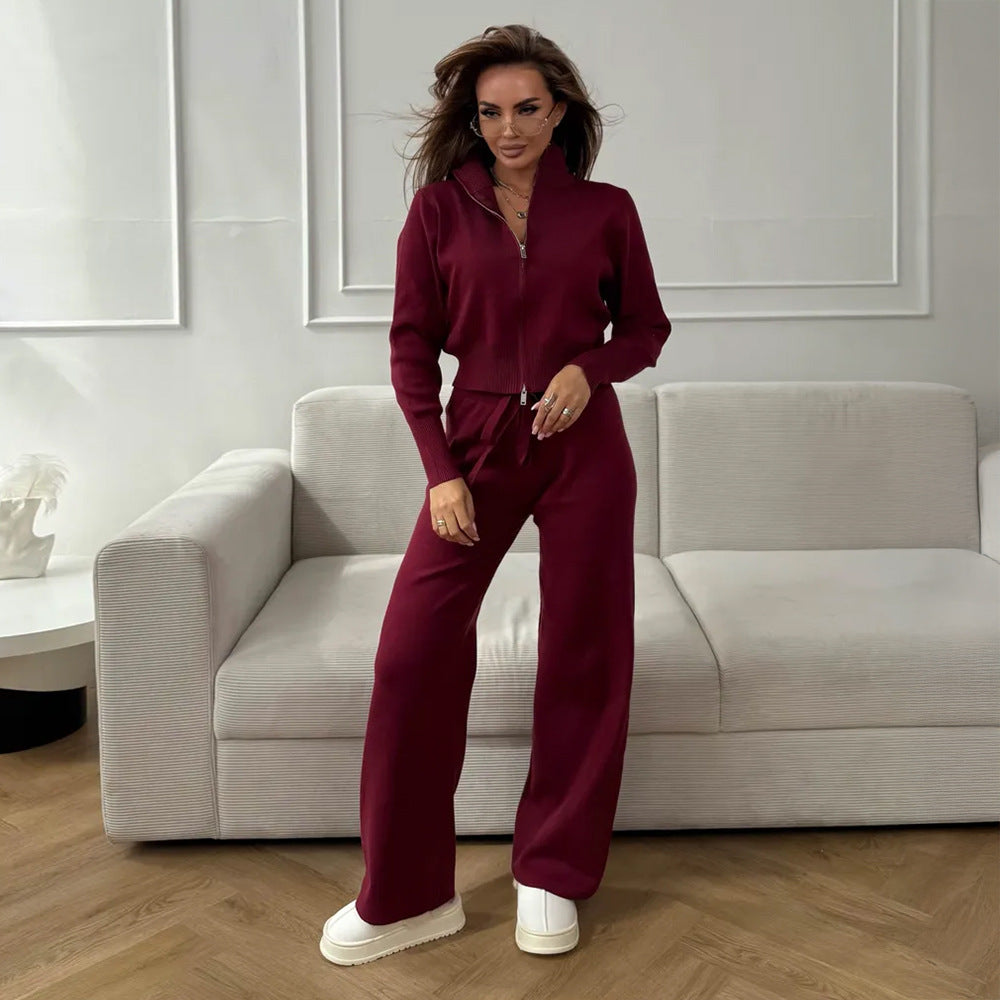 Damen Modisches Strickensemble mit Zip-Kragen und weitem Schnitt Drune