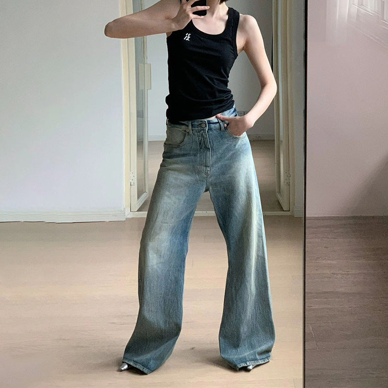 Damen Weit geschnittene Denim-Jeans mit hohem Bund Drune