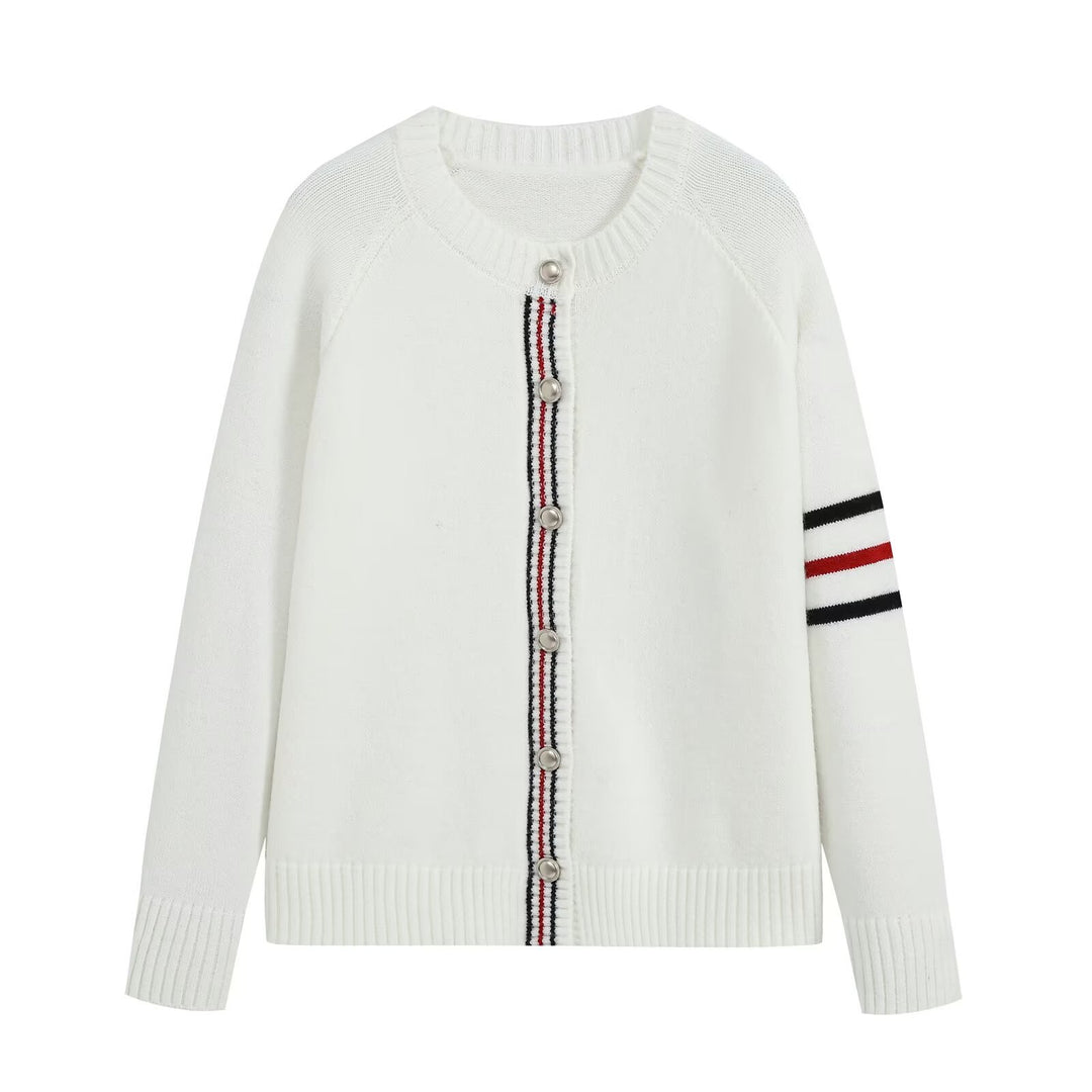 Damen Feinstrick-Cardigan mit Kontraststreifen und goldenen Zierknöpfen Drune