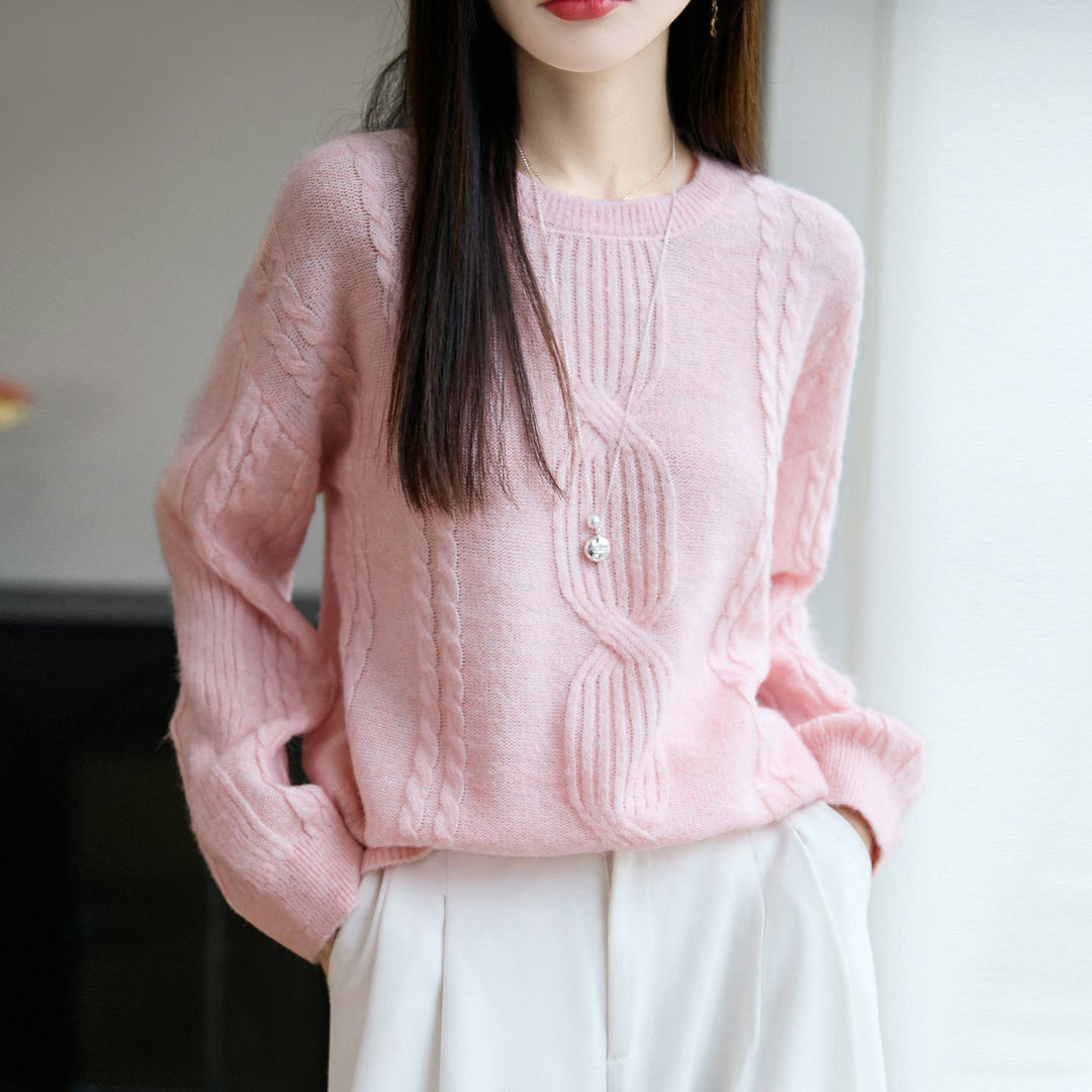 Damen Strickpullover mit einzigartigem Zopfmuster und Rundhalsausschnitt Drune