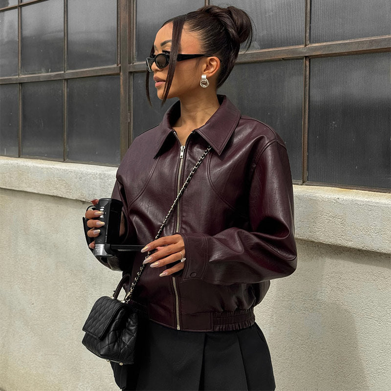 Damen Kunstlederjacke mit lässigem Schnitt und Reißverschluss Drune