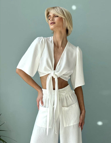 Damen lässiges Crop-Top und weite High-Waist-Hose Set Drune