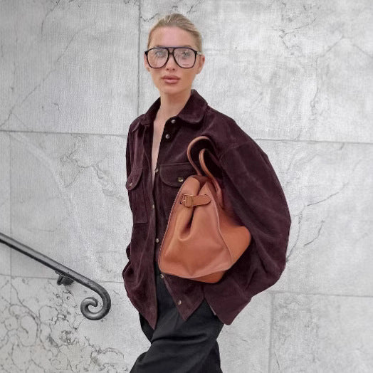 Damen Modische Suede Oversized Hemdjacke mit praktischen Taschen Drune