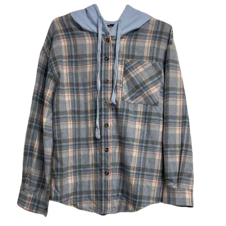 Damen nostalgische Karobluse mit Kapuze und Knopfverschluss Drune
