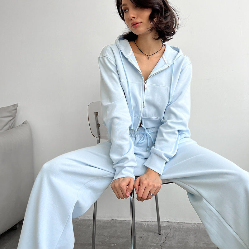 Damen kurzes Zip-Kapuzenjacken- und High-Waist Wide-Leg Jogginghose Set aus weichem French Terry Drune
