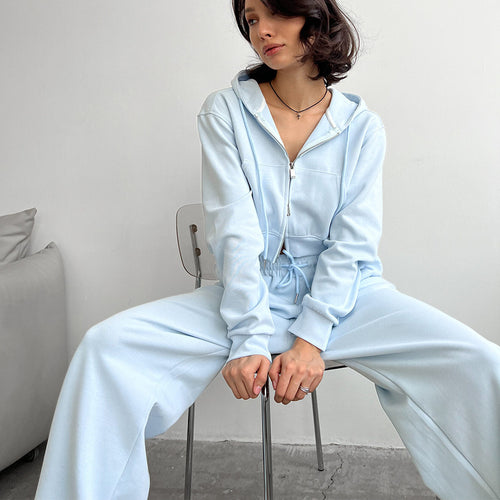 Damen kurzes Zip-Kapuzenjacken- und High-Waist Wide-Leg Jogginghose Set aus weichem French Terry Drune