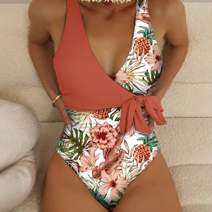 Damen Einteiler Badeanzug mit floralem Wickeldesign Drune