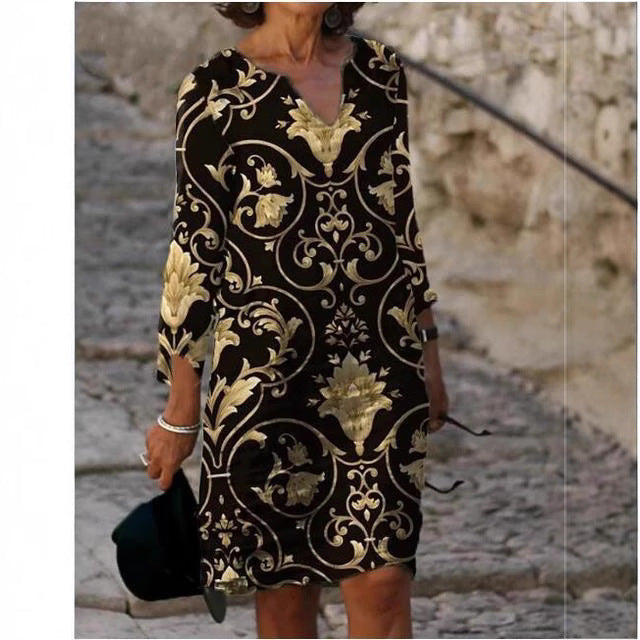 Damen Elegantes Kleid mit floralem Jacquard-Muster und V-Ausschnitt Drune