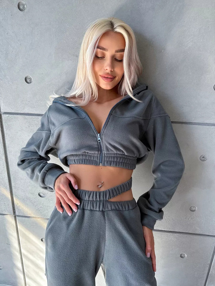 Damen Cropped Fleece-Set mit kurzem Zip-Hoodie und hoher Taillen-Jogginghose Drune