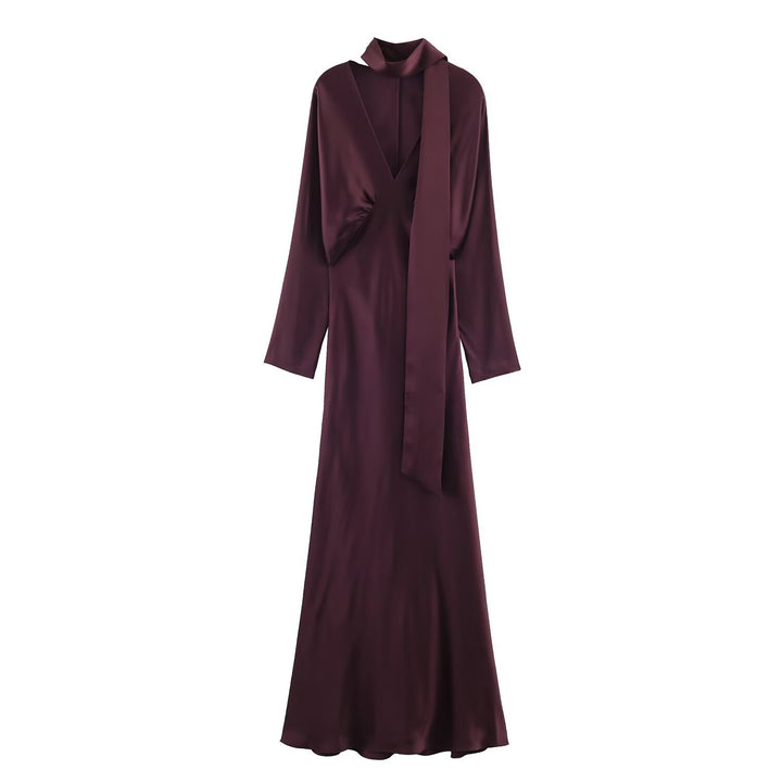 Damen 10+ langes Satin‑Maxikleid mit V‑Ausschnitt, taillierter Silhouette und Halstuch Drune