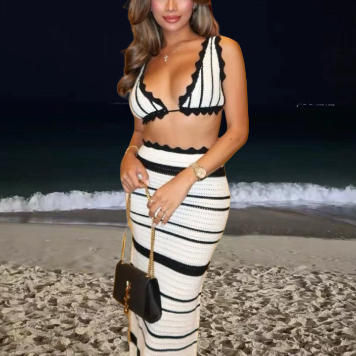 Damen Strick-Bikini-Set mit schickem Wellenmuster und hohem Bund Drune