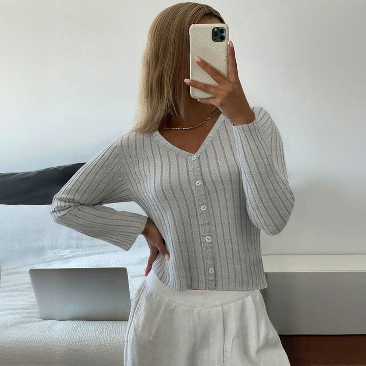 Damen gerippter taillierter V‑Ausschnitt Knopfcardigan Feinstrick Drune