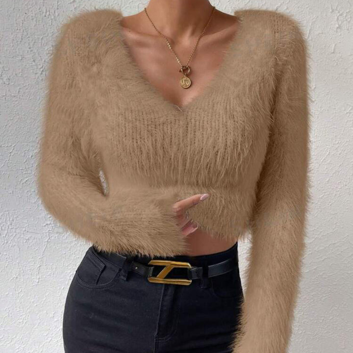 Damen Flauschiger Crop-Pullover mit V-Ausschnitt und Eyelash-Struktur Drune