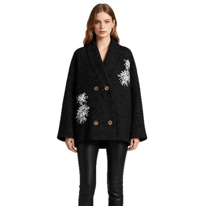 Damen Oversize-Bouclé-Manteljacke mit Schalkragen und floraler Stickerei Drune