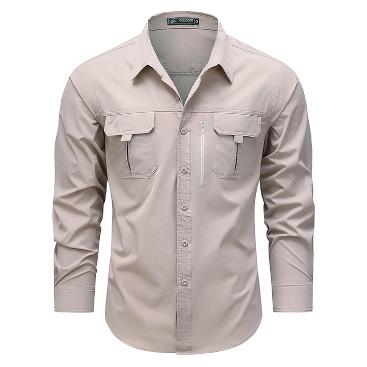 Men's  technical long-sleeve utility shirt with dual flap chest pockets and concealed zip utility pocket Drune