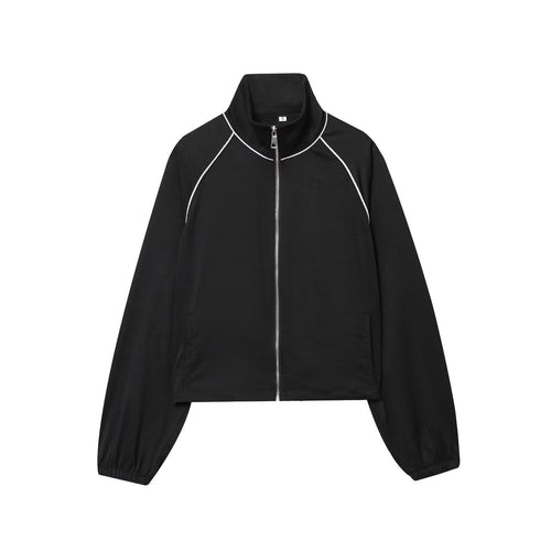 Damen Cropped Sportive Trainingsjacke mit Stehkragen und Kontrastpaspel Drune