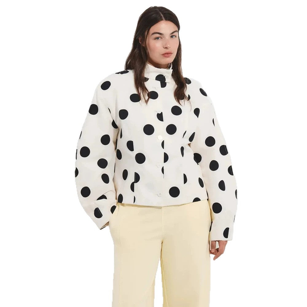 Damen Gepunktete Stehkragen-Bluse mit Oversize-Ärmeln und kastiger Cropped-Silhouette Drune