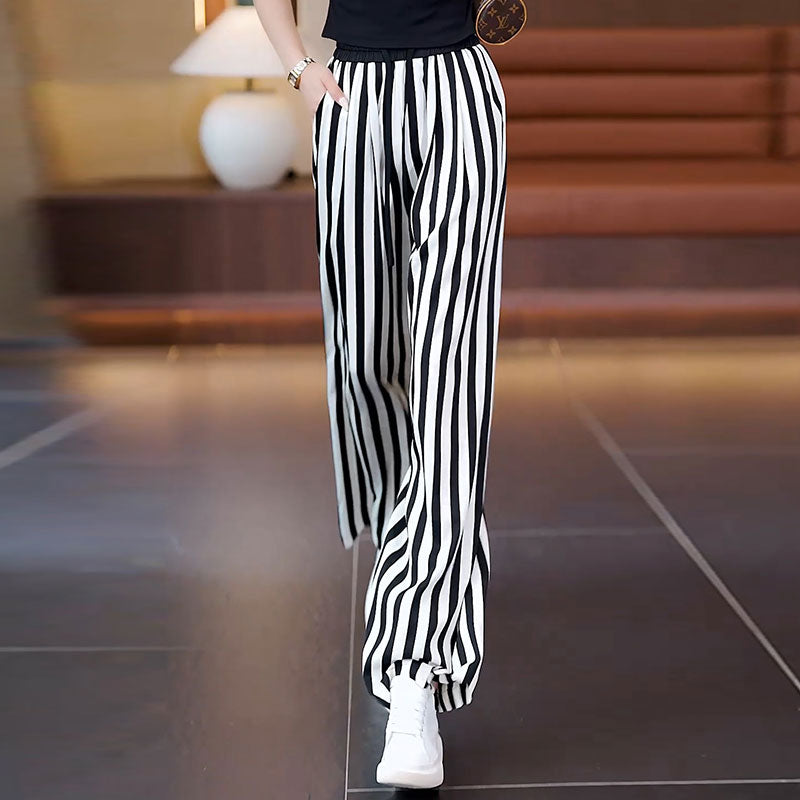 Damen weite Streifenhose mit hohem Bund und eleganter Silhouette