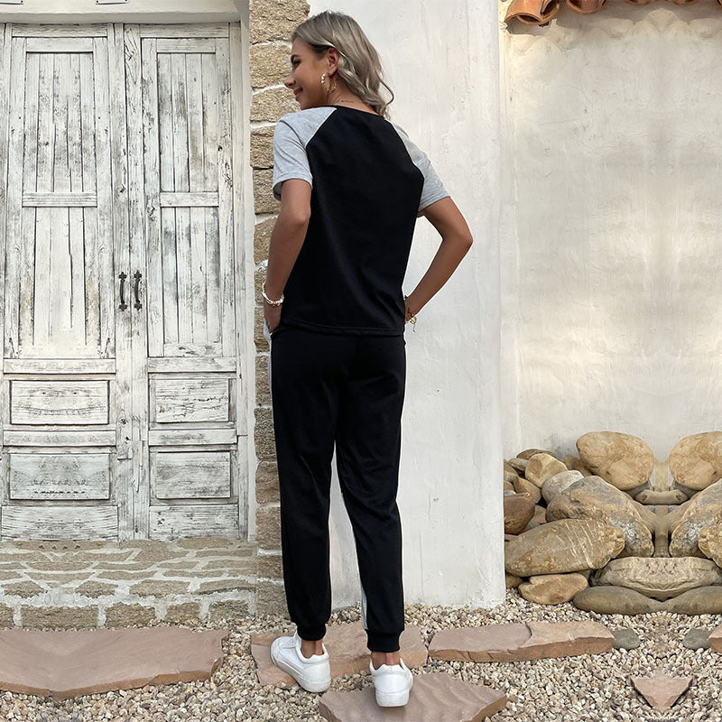 Damen Zweiteiler Freizeit-Set aus Baumwollmix mit Colorblock-Shirt und Jogginghose Drune