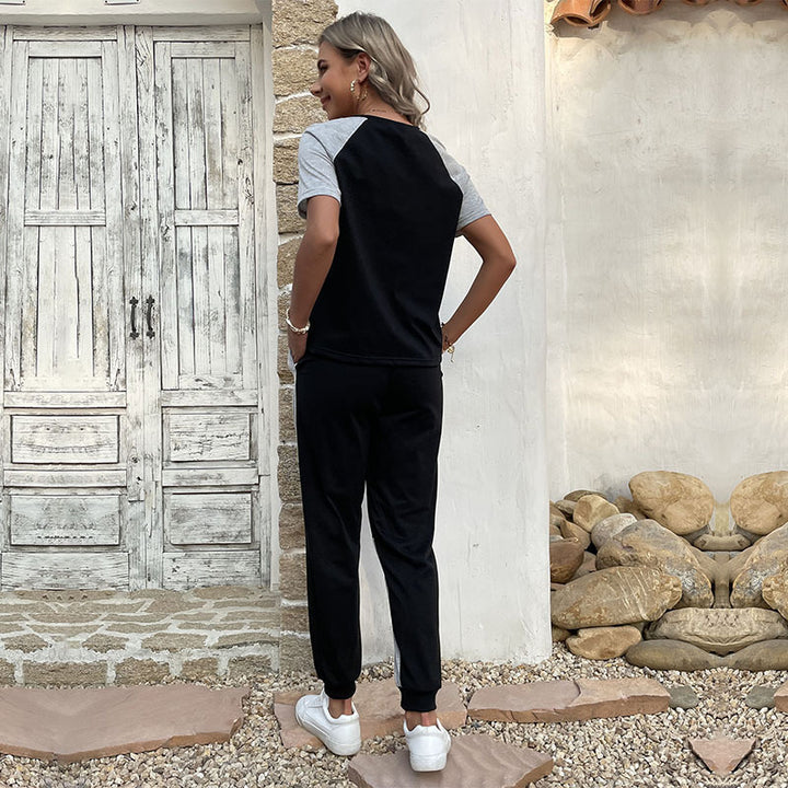 Damen Zweiteiler Freizeit-Set aus Baumwollmix mit Colorblock-Shirt und Jogginghose Drune
