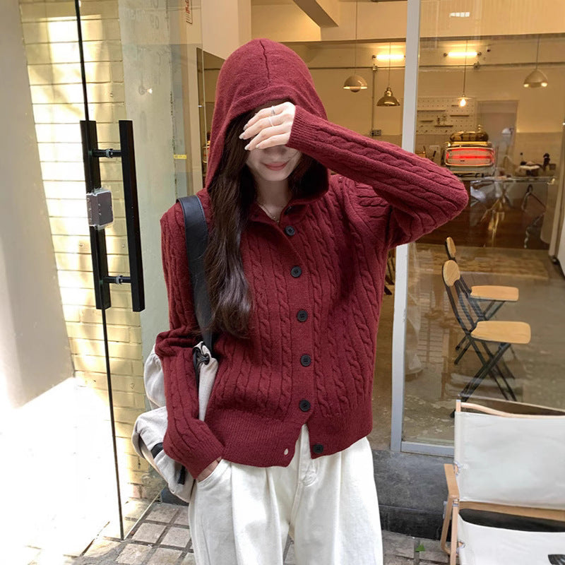 Damen Strickjacke mit Kapuze und Zopfdesign Drune
