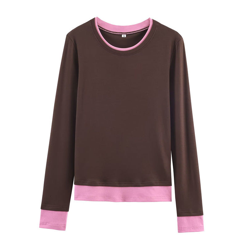 Damen Langarm-Shirt im Lagenlook mit Kontrastbündchen und Rundhalsausschnitt Drune