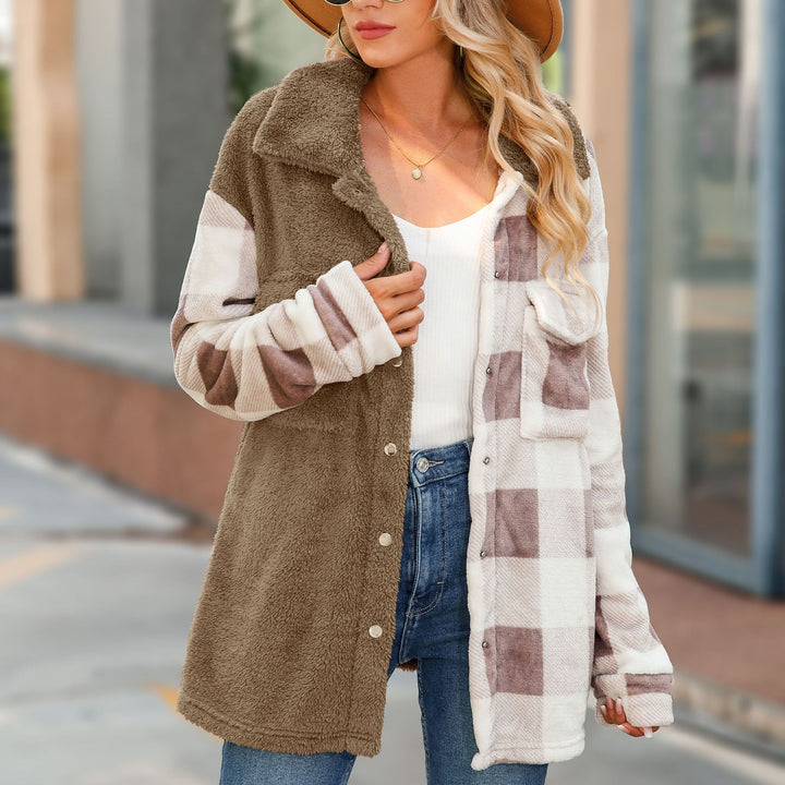 Damen Fleece-Mantel mit Karomuster und Knopfleiste Drune