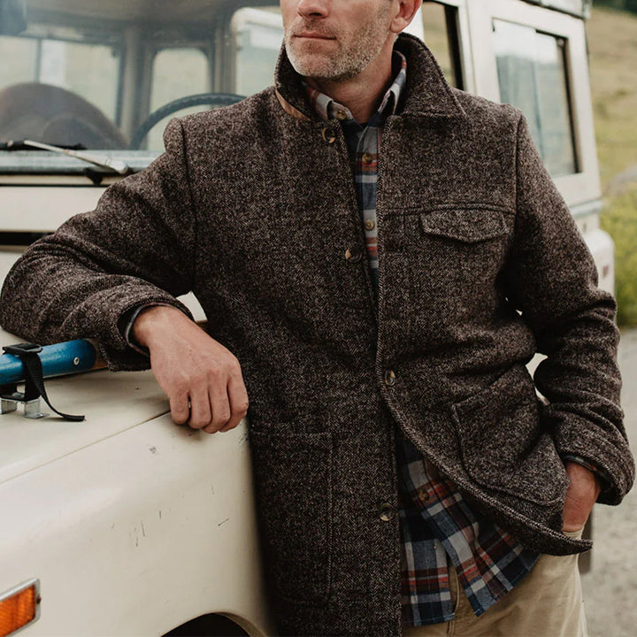 Herren Woll-Tweed Feldjacke mit Stehkragen und aufgesetzten Taschen Drune
