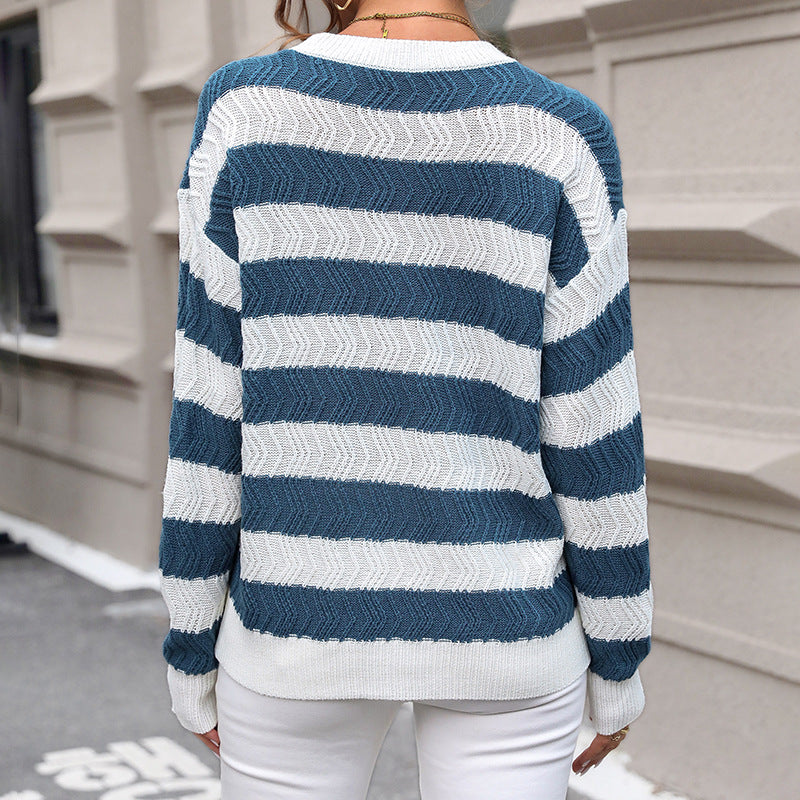 Damen Lässiger Rundhals-Feinstrickpullover mit breiten Streifen und Zickzackstruktur Drune