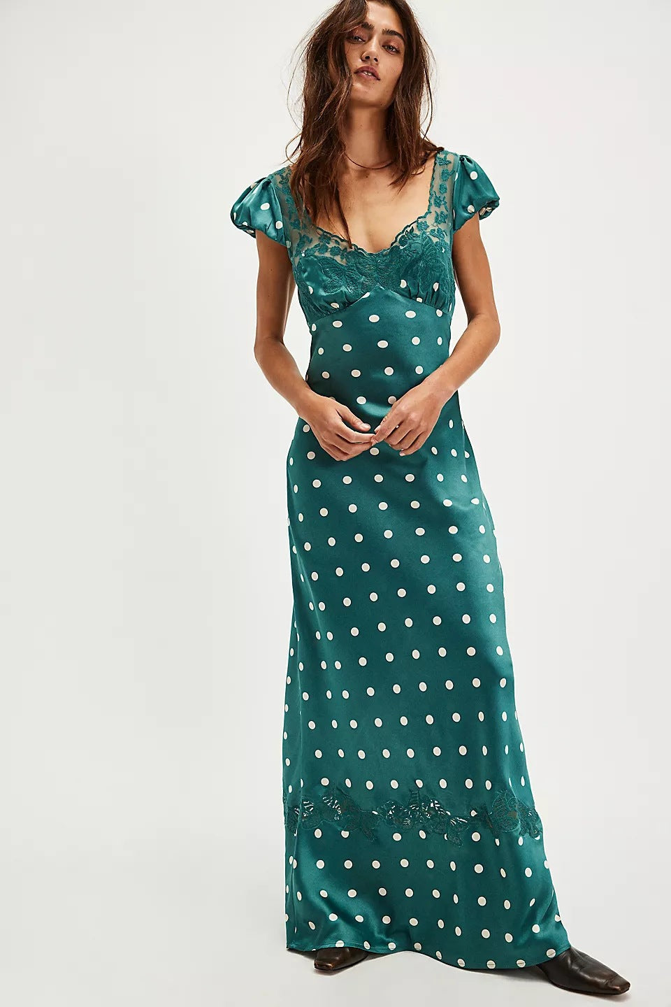 Damen Elegantes Maxikleid mit Polka-Dots und romantischem Rückenausschnitt Drune