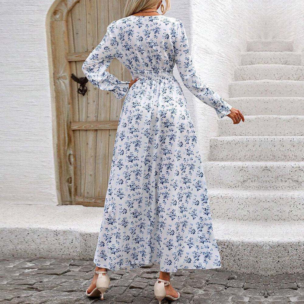 Damen fließendes Maxikleid mit Smoktaillenband V‑Ausschnitt und seitlichem Beinschlitz Drune
