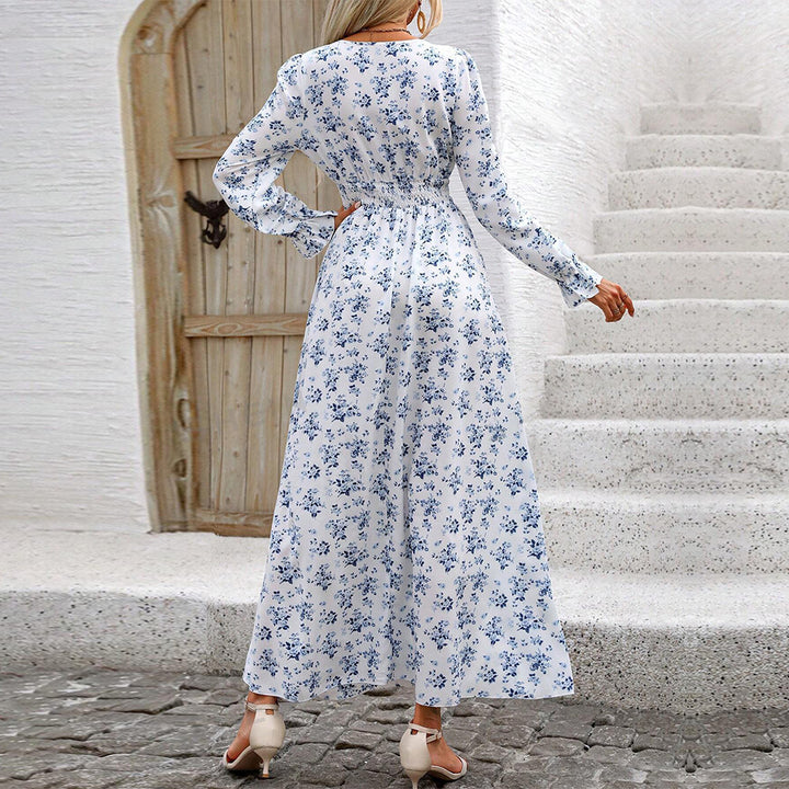 Damen fließendes Maxikleid mit Smoktaillenband V‑Ausschnitt und seitlichem Beinschlitz Drune