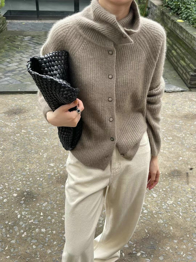 Damen elegante Strickjacke mit hohem Kragen und dekorativen Knöpfen Drune