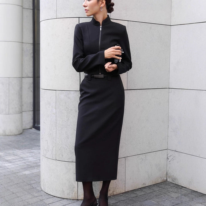 Damen Elegantes Etuikleid mit schmalem Stehkragen und Reißverschluss Drune