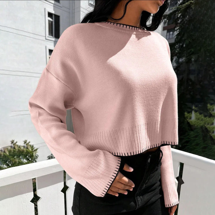 Damen lässiger Crop-Pullover mit feiner Rippstruktur und weitem Schnitt Drune