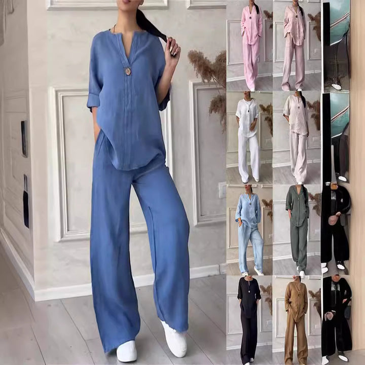 Damen nan lässiges Leinen-Relax-Set mit weiter Hose und Hemdbluse Drune