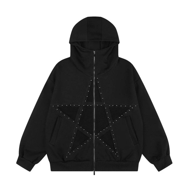 Damen Oversize Kapuzen-Zipjacke mit Nieten-Sternmotiv und hohem Kragen Drune
