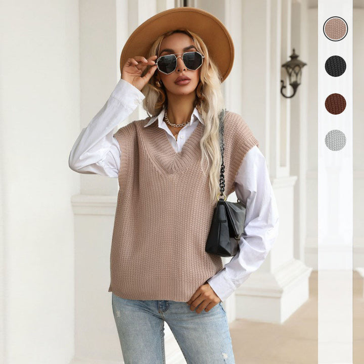Damen Grobgestrickte Oversize-Weste mit tiefem V‑Ausschnitt und Rippsaum Drune