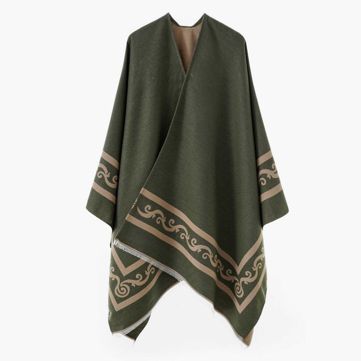Damen Oversize Jacquard-Capeponcho aus Wollmix mit geometrischem Muster und Fransen Drune