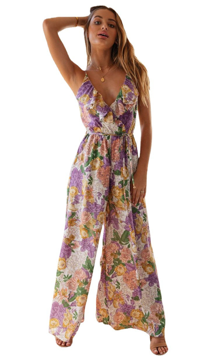 Damen romantischer Jumpsuit mit fließendem Schnitt und tiefem V-Ausschnitt Drune