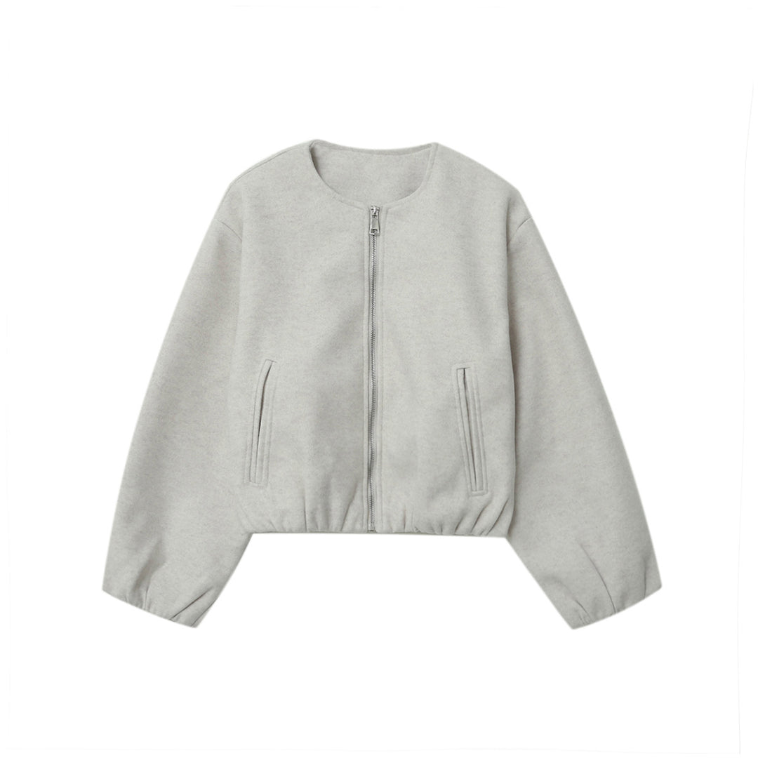 Damen nan kurz geschnittene Wolloptik-Cropped-Jacke mit Rundhalsausschnitt, durchgehendem Reißverschluss, elastischem Saum und dezenten Eingrifftaschen Drune